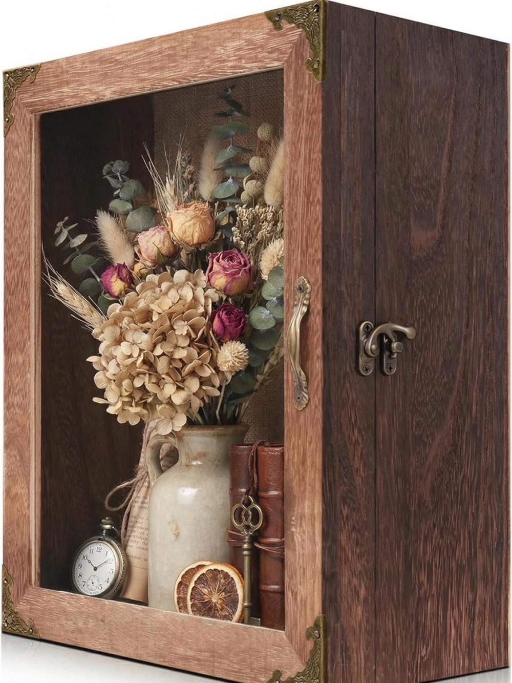 Vintage-Inspired Wooden Display Cabinet with Dried Floral Accent - Brown